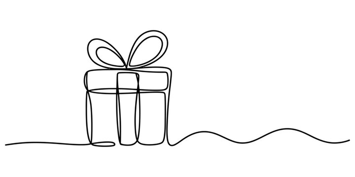 Continuous single line drawing of a gift box with a bow
