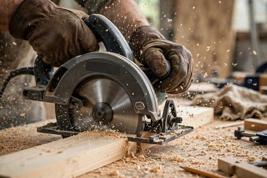 Carpenter Cutting Wood Plank with Circular Saw in Workshop