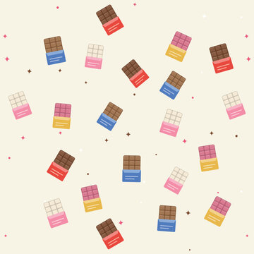 Chocolate bars in multicolor wrappers on pale background.