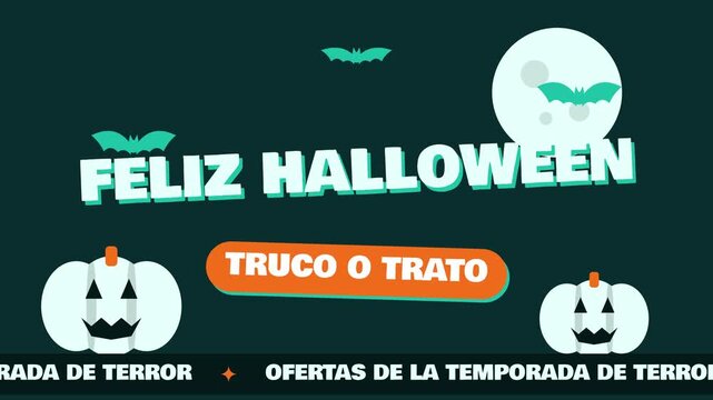 Fondo animado en bucle de ofertas de Halloween con calabazas, murci&eacute;lagos y luna llena