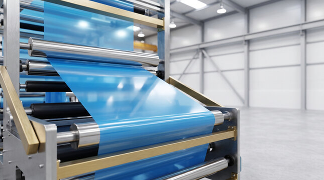 Blue plastic film rolls through a laminating machine with chrome rollers in a modern industrial factory
