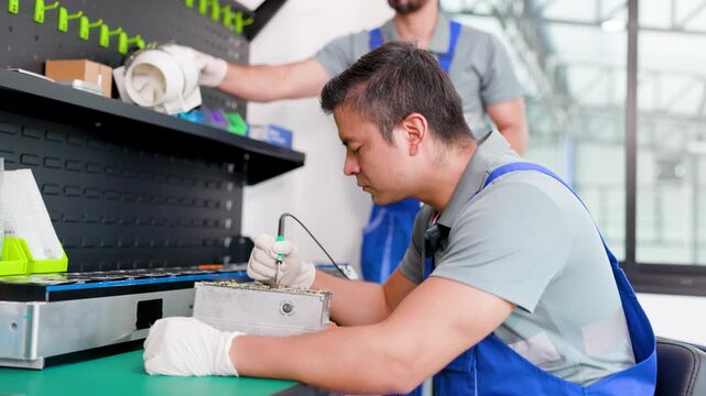 Two technicians in blue overalls solder electronic components at a workstation in a modern factory, focusing on precision assembly and quality control.