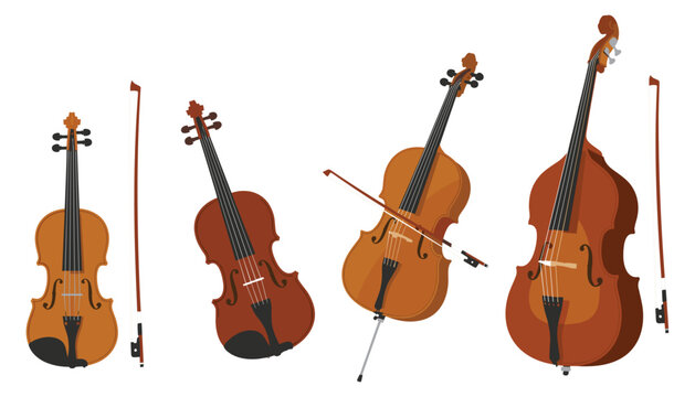 Classical string instrument vector illustration set. Violin, viola, cello, double bass, bow, strings, orchestra and melody.