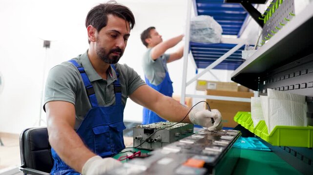 Technicians in blue overalls testing and repairing car batteries at a workshop bench, using tools and gloves in an industrial workplace with shelves and equipment.
