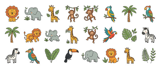 Fototapeta premium Cute Cartoon Safari Animals and Jungle Plants Collection
