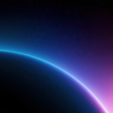 Planet edge glowing with blue purple and pink atmosphere rim against dark starry space, astronomy cosmic science concept design artwork