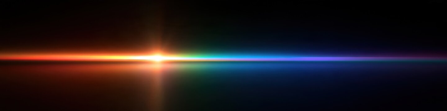 Horizontal rainbow lens flare streak glowing on black background, colorful spectrum optic light modern banner concept design artwork