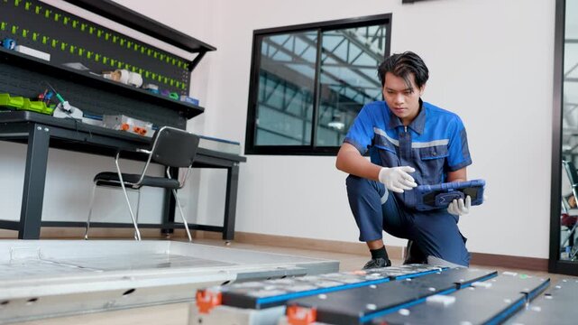 Technician in blue coveralls inspecting electric vehicle battery modules on a workshop floor, performing diagnostics and assembly in a clean industrial workspace.