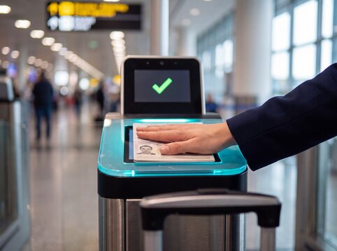 Close-up of hand resting on passport at automated e-gate reader with green check mark on biometric screen at airport border control
