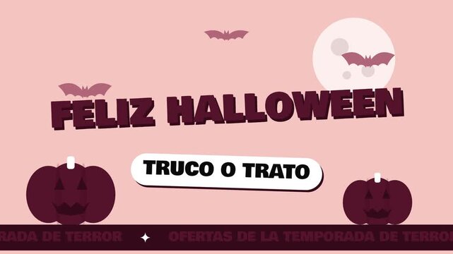 Fondo animado en bucle de ofertas de Halloween con calabazas, murci&eacute;lagos y luna llena
