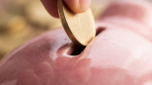 Hand inserting a golden coin into a pink piggy bank, close-up shot symbolizing savings and financial growth, investment concept