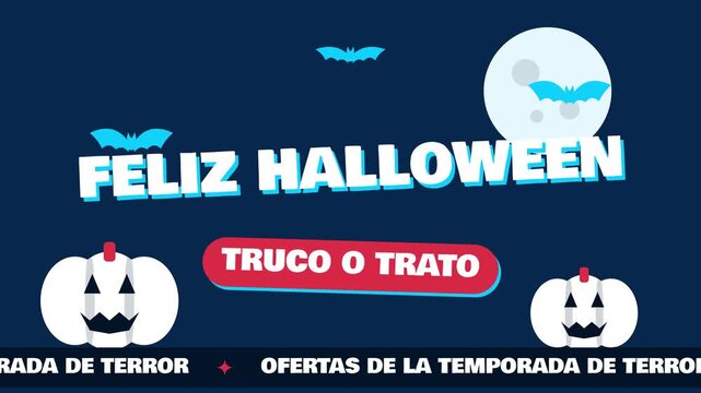 Fondo animado en bucle de ofertas de Halloween con calabazas, murci&eacute;lagos y luna llena