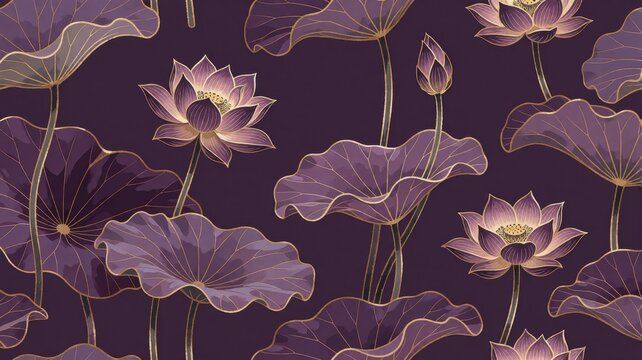 Elegant Purple Lotus Flower and Lily Pad Seamless Pattern