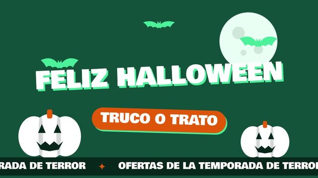 Fondo animado en bucle de ofertas de Halloween con calabazas, murci&eacute;lagos y luna llena