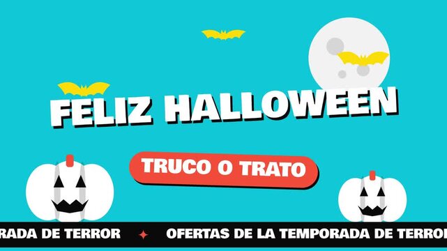 Fondo animado en bucle de ofertas de Halloween con calabazas, murci&eacute;lagos y luna llena