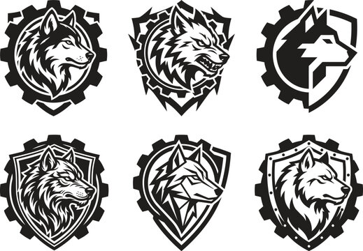 Set of wolf head emblems with gear and shield shapes for sports team