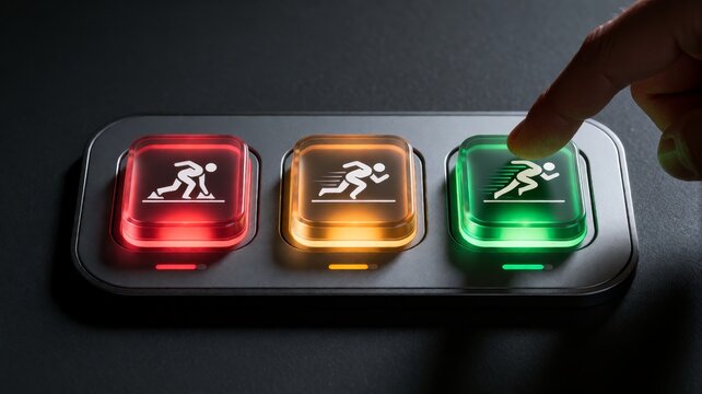 Finger pressing green start button on a speed progression console