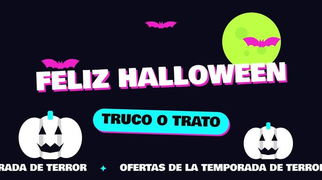 Fondo animado en bucle de ofertas de Halloween con calabazas, murci&eacute;lagos y luna llena