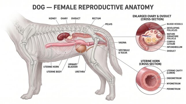 Detailed illustration of canine female reproductive anatomy with organ labels