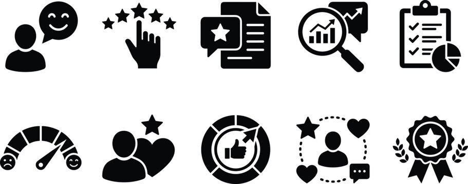 Set of customer satisfaction and feedback icons including rating, review, survey, analytics, and loyalty symbols for business and marketing
