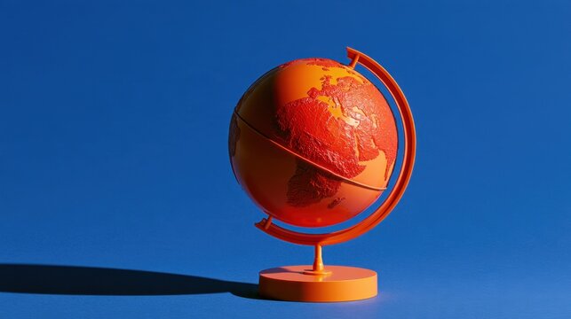 Orange globe model showing continents with textured surface on vibrant blue background casting long shadow in bright light