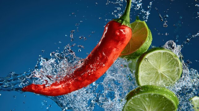 Close-up of spicy red chili pepper and fresh green lime slices splashing into clear water with blue background in high-speed photography