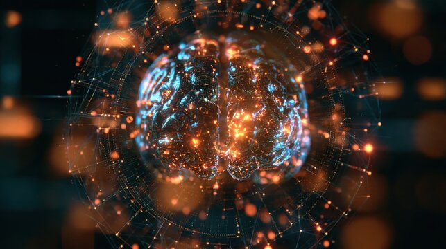 Glowing Human Brain network connections illuminated with bokeh and data streams symbolizing intelligence and thought