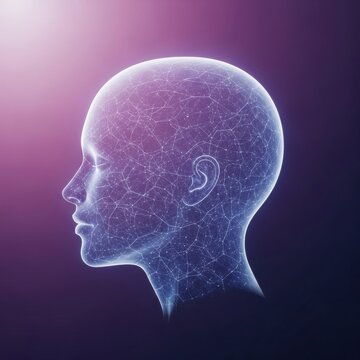 Luminous side profile of a human head featuring a complex digital neural network of interconnected nodes and lines, representing artificial intelligence and data on a purple gradient.