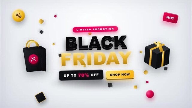 Black friday sale banner with 3d gift box and shopping bag 70 percent discount modern minimalist 3d render e-commerce marketing promotion advertising banner