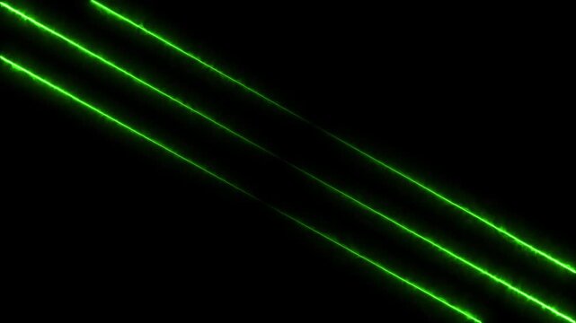 Bright green diagonal laser lines intersecting and neon line transparent background