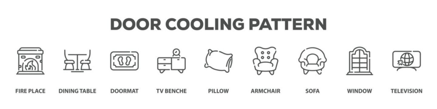 Door Cooling Pattern with icon of Fire place, Dining table, Doormat, Tv benche, Pillow, Armchair, Sofa, Window, Television