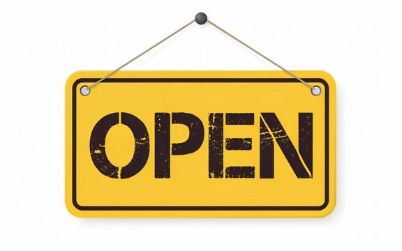 A yellow open sign hanging on a rope isolated on white background. Ideal for retail stores and business opening concepts.