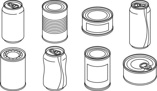 Vector drawing of aluminum soda cans and tin food canisters in outline icon package style