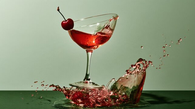 Close-up of broken cocktail glass with red liquid splashing and cherry garnish on the rim on green surface and background