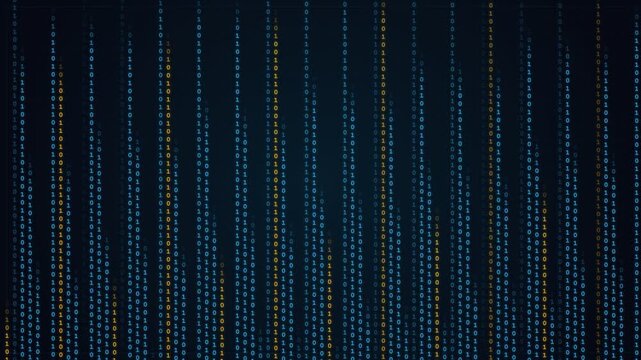 Abstract binary  digital data visualization background with blue and yellow glowing light particles and futuristic tech lines