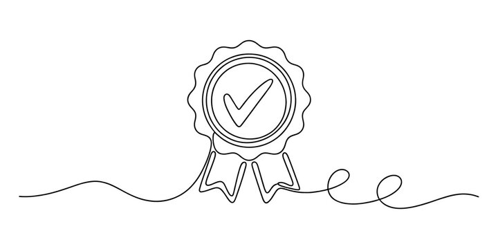 Continuous single line drawing of a quality badge with a check mark symbol isolated on a white background isolated on transparent background