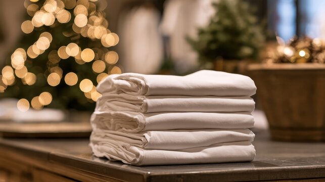 Neatly folded stack of white linen fabric resting on wooden surface with warm festive bokeh glow in background