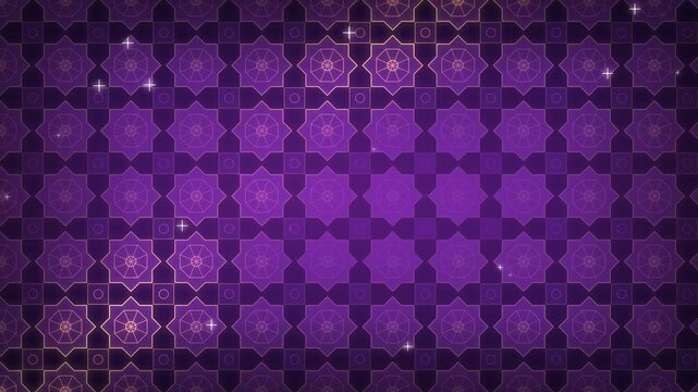 Intricate Islamic geometric patterns in rich shades of purple, adorned with subtle shimmering highlights, create a captivating and elegant background design.