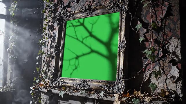 Ornate antique picture frame with green screen for cinematic vfx and gothic holiday compositing