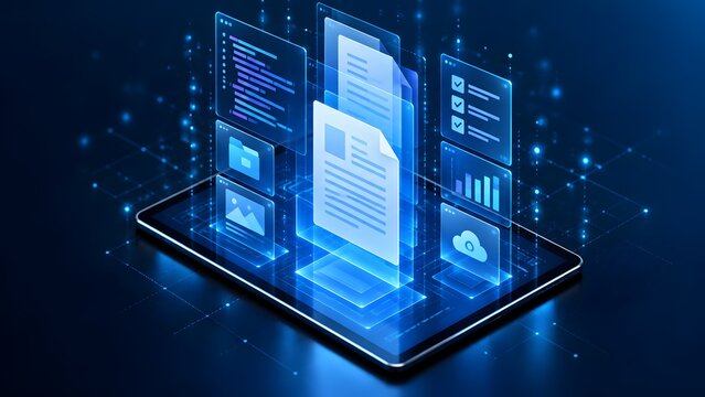 Tablet projecting holographic digital documents and file folders representing paperless office and electronic data management