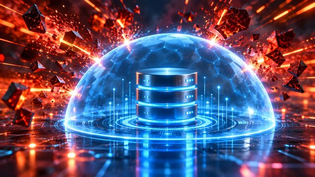 Central database server protected by a glowing forcefield dome deflecting aggressive cyber attacks and digital threats