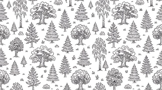 Seamless pattern with hand drawn forest trees and woodland plants