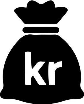 Money bag icon with krone symbol representing Scandinavian currency isolated on white background