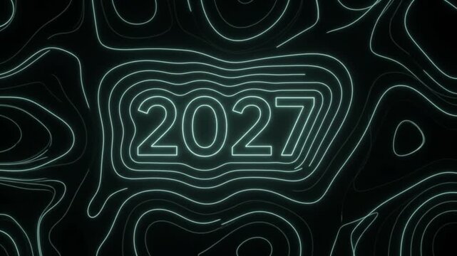 Futuristic 2027 New Year typography, glowing neon green number on dark topographic map background, digital tech countdown animation