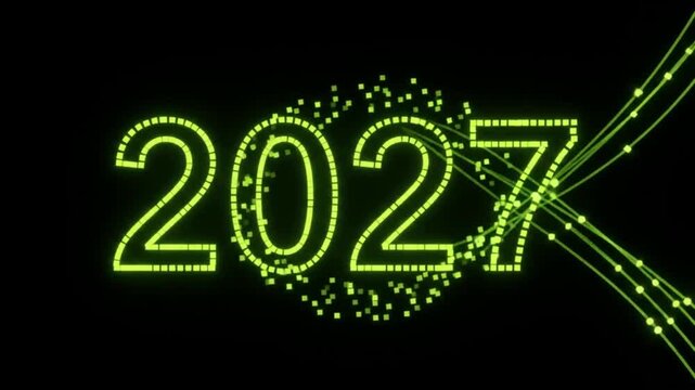 Futuristic 2027 neon green numbers, digital particle animation for New Year 2027, glowing tech style countdown for 2027 calendar year
