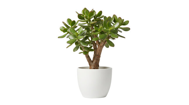 Jade plant in white ceramic pot, Crassula ovata succulent houseplants, modern green indoor flora for home office decor isolated PNG with Transparent Background