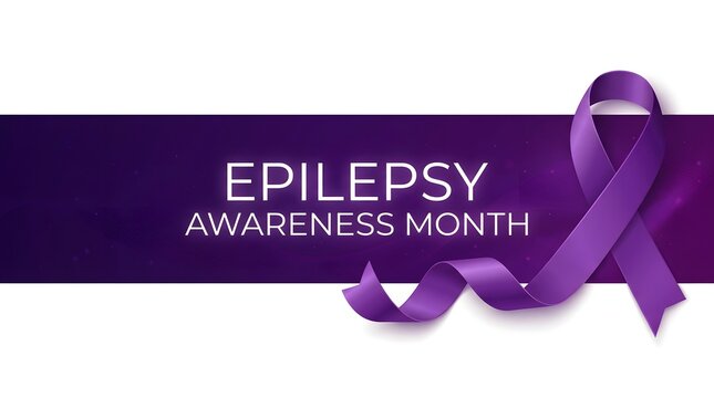 Epilepsy awareness month purple ribbon with text on a dark gradient background