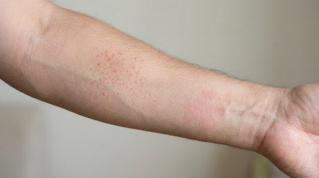 Close up of human arm displaying a red skin reaction and mild inflammation