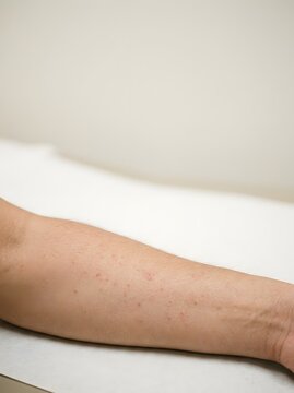 Close up of human arm showing multiple small bruises and skin discoloration