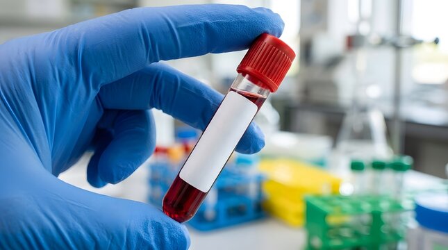 Medical professional holding a blood sample in a laboratory setting for analysis